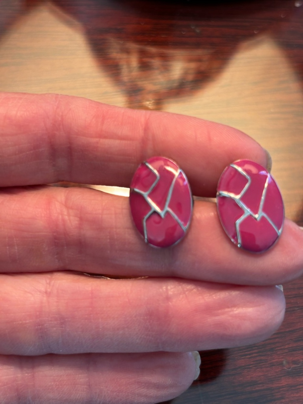 90’s Vintage Pink Enamel Oval Stud Earrings with Silver Accents